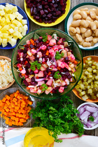 Prepared ingredients for cooking vegetables salad.  Vinaigrette  - vitamin vegetarian salad.