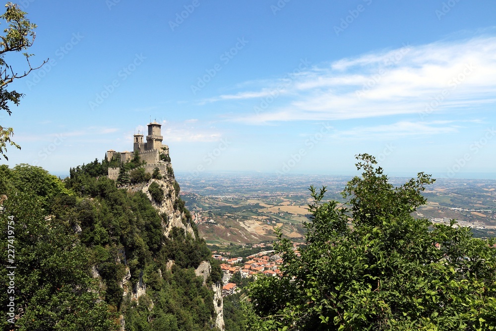 Republic of San Marino. View of Torre Guaita or prima torre. The Guaita fortress is the oldest of the three Towers constructed on Monte Titano, and the most famous.