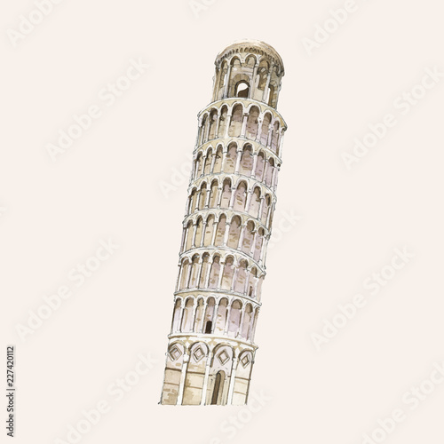The Leaning Tower of Pisa painted by watercolor