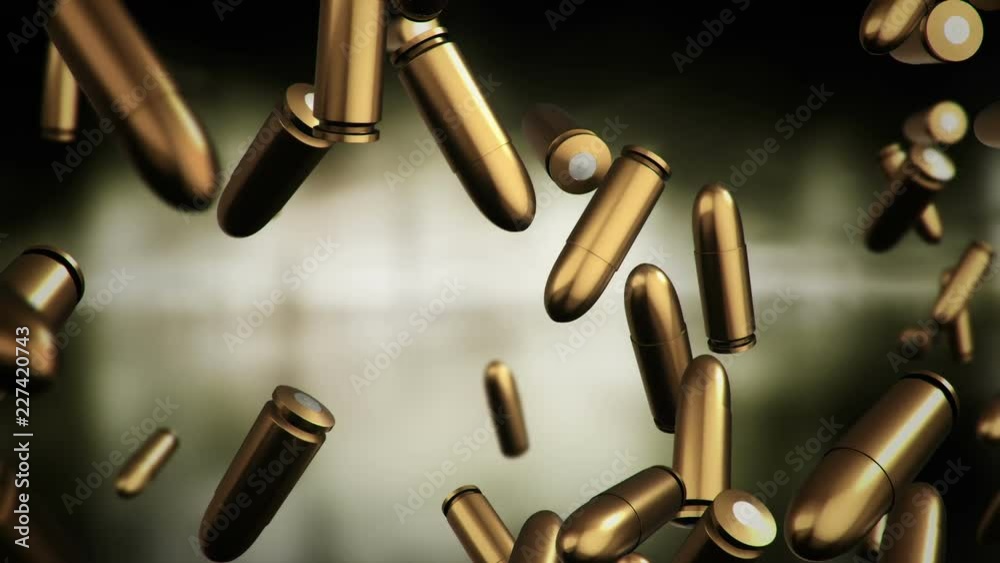 Animation falling of bullets different calibers on dark and blurred background. Animation of seamless loop.