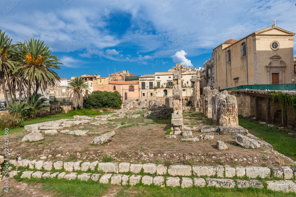 Temple of Apollo. One of the most important ancient Greek monuments on Ortygia, in front of the Piazza Pancali in Syracuse, Sicily, Italy.