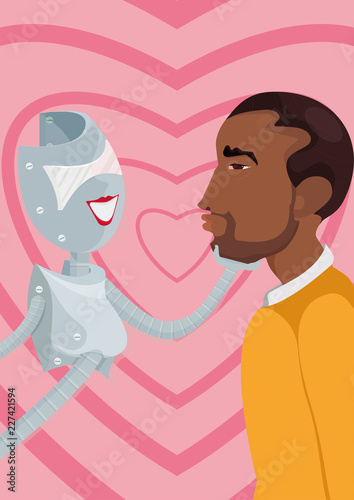 Cyber lover. A robot and a man. Illustration of how artificial intellect could replace or pretend to be your soulmate, combining characteristics, which you love in the partner and excluding bad ones