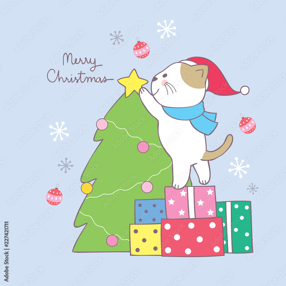 Cartoon cute Christmas cat and Christmas tree vector.
