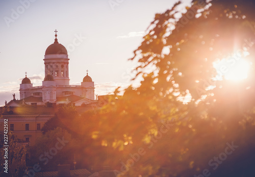 View of the central cathedral in Helsinki, Finland at sunset. Beautiful city landscape