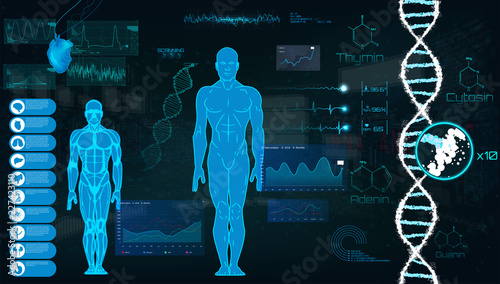 Concept of sports science, futuristic interface of heart analysis; digital blueprint of human. Analysis of the state of the heart, DNA a full examination. Futuristic interface HUD, Vector illustration