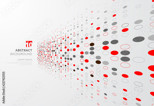 Abstract technology perspective background with red and gray circles border dots pattern.