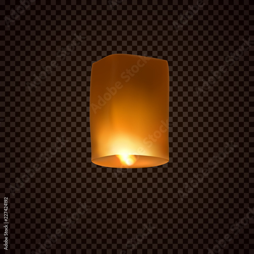 Lantern isolated on transparent background. Diwali festival floating lamp. Vector indian paper flying light ballon with flame at night sky. photo
