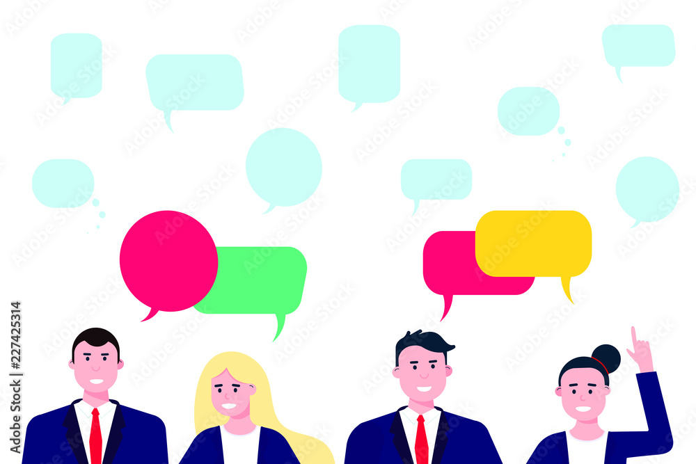 Businessmen social conversation network discuss, social network chat or dialogue with chat speech bubbles flat style design vector illustration isolated on white background. Sharing news, messages. Businessmen social conversation network discuss, social network chat or dialogue with chat speech bubbles flat style design vector illustration isolated on white background. Sharing news, messages.