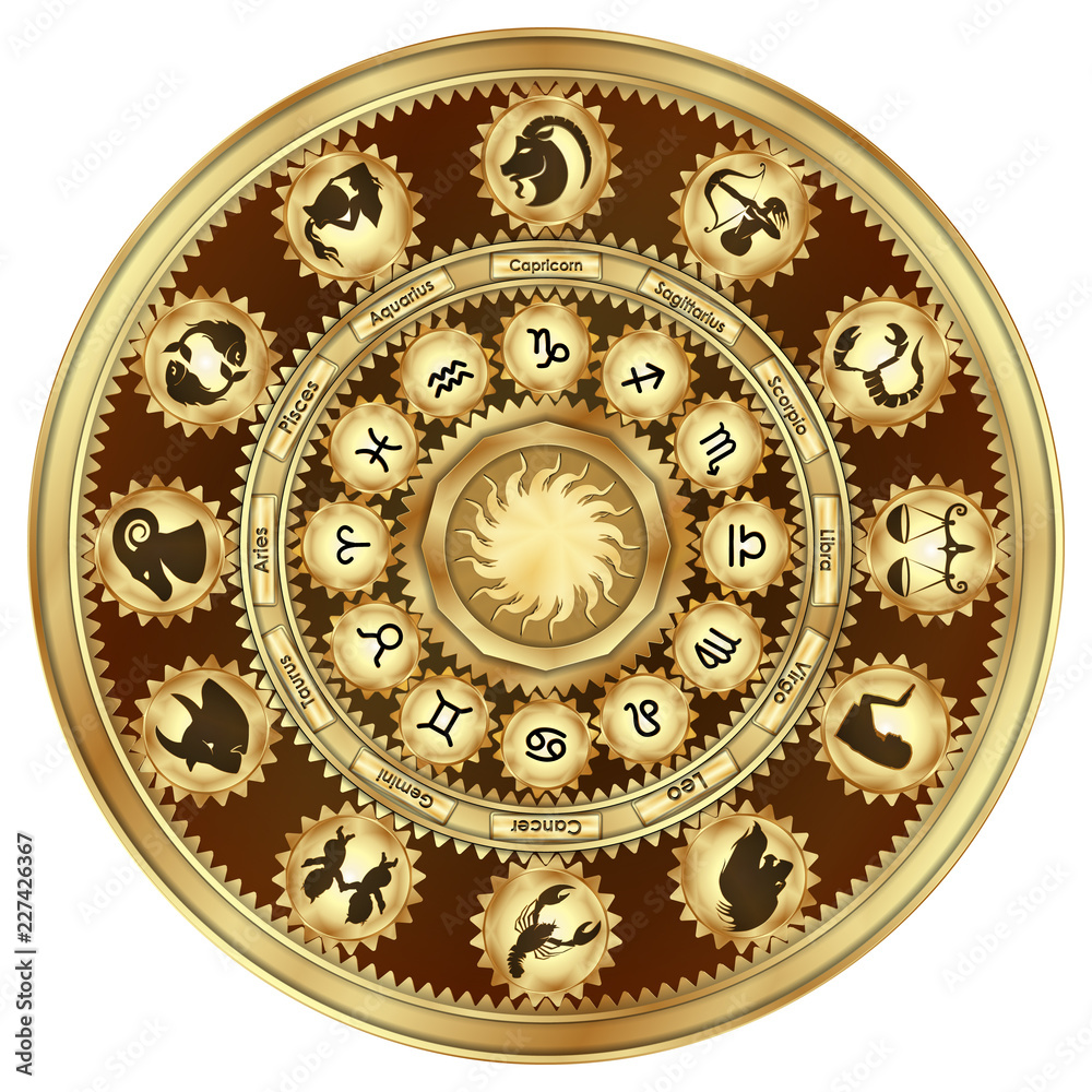 Zodiac signs in the form of a gear mechanism. Isolated object on white background.