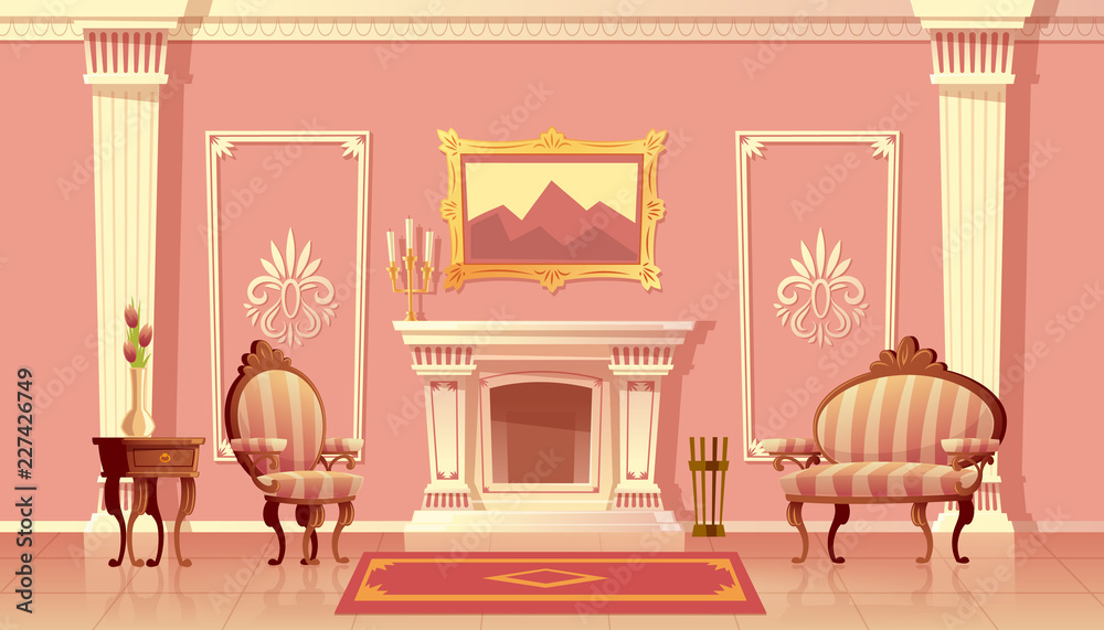 Vector cartoon illustration of luxury living room with fireplace
