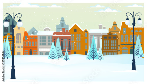 Winter landscape with cottages, trees and streetlights vector illustration. Snowy city scene. Christmas or New Year concept. For websites, wallpapers, posters or banners