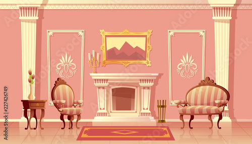 Vector cartoon illustration of luxury living room with fireplace, ballroom or hallway with pilasters in royal palace. Rich interior with furniture in baroque or rococo style. Fairytale game background