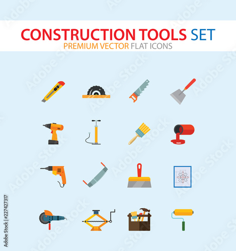 Construction tools icon set. Saw, hammer, drill, screwdriver, toolbox. Renovation concept. Can be used for topics like interior decoration, construction site, DIY store