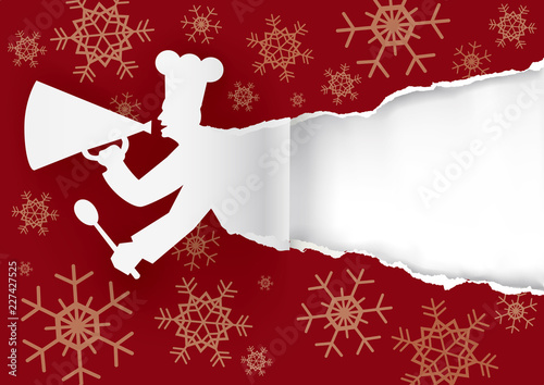 Chef Christmas menu,torn paper background.
Paper silhouette of cook with megaphone ripping red paper christmas background.Place for your text or image. Vector available. 