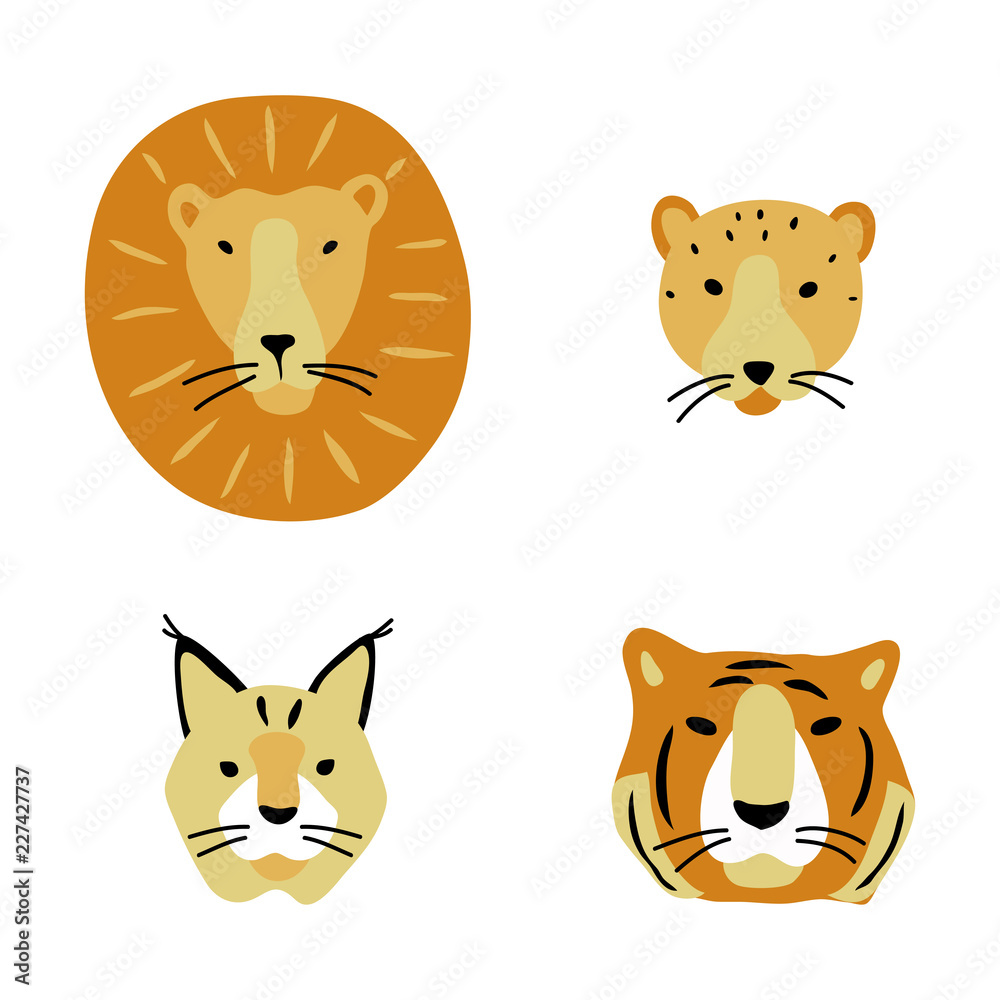 Obraz premium vector color yellow lion tiger cheetah lynx head set big cat animal simple doodle scandinavian style childish for your paper textile design