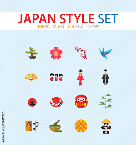 Japan Style Icon Set. Japanese Umbrella Bamboo Daruma Doll Japanese Flower Japanese Cranes Kokeshi Dolls Sakura Branch Woman In Kimono Japanese Man Geta Origami Crane Matcha Tea Chrysanthemum Ornament