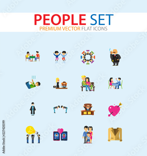 People Icon Set. Family Showing Respect Amour Symbol Couple On Park Bench Dating Team Dinner Friends Greeting Boss Director Common Idea Rich Person