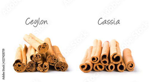 Fotografia Ceylon Zimt und Cassia Zimt im Vergleich  - Freisteller mit Beschriftung