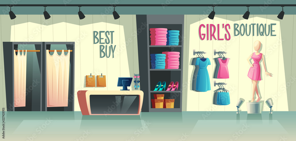 Vector girls boutique. Female clothing shop interior - wardrobe with clothes,  cartoon mannequin in dress and stuff on hangers. Cashbox with table, fashion  store with illumination in a mall. Stock Vector |
