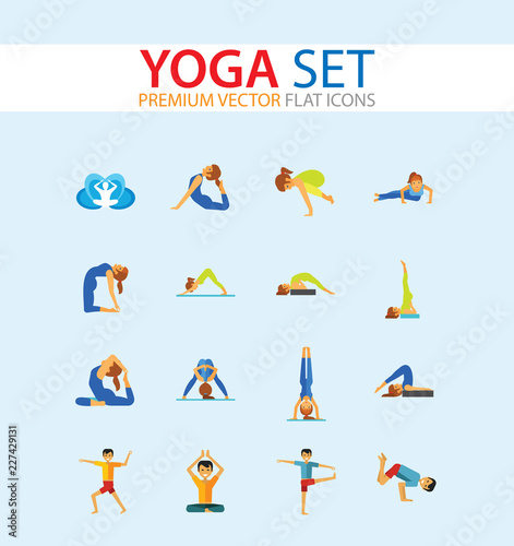 Yoga Icon Set. Meditation Rajakapotasana Sarvangasana Halasana Ustrasana Astavakasana Bakasana Handstand Virabhadrasana Svanasana Prasarita