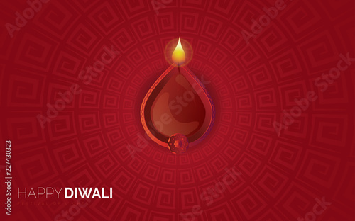 Vector Diwali Concept Background - Burning Lamp on Red Patterned Background of Diwali Festival