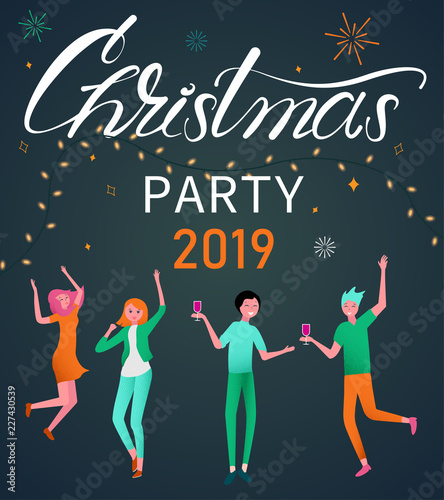 Christmas party 2019 poster with happy dancing people.