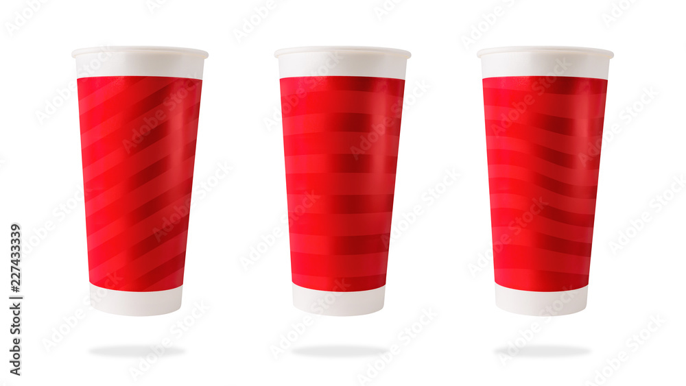 Red paper cup and stripes line design on isolated background with clipping path.