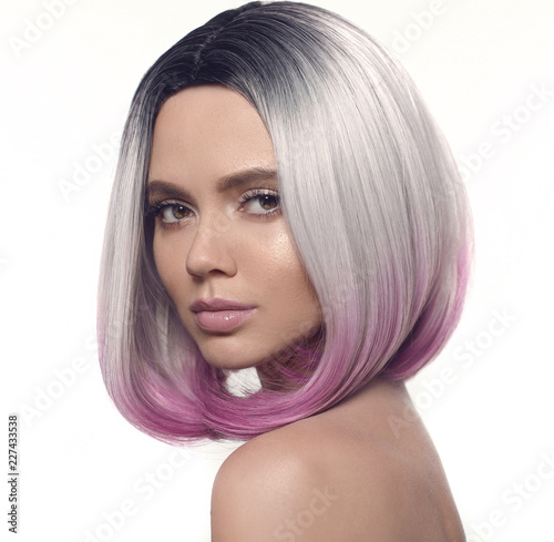Ombre bob hairstyle girl portrait. Beautiful short hair coloring. Fashion Trendy haircut. Blond model with short shiny hairstyle. Concept Coloring Hair. Beauty Salon.