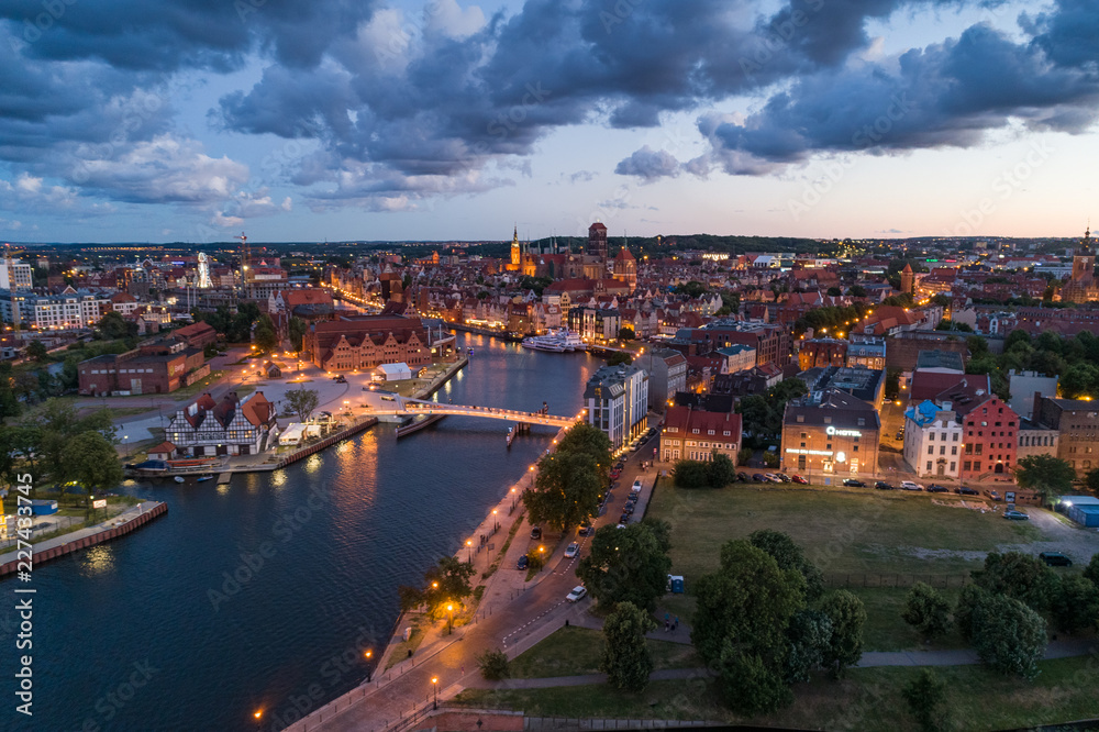 Gdansk aerial view, city panorama in the evening