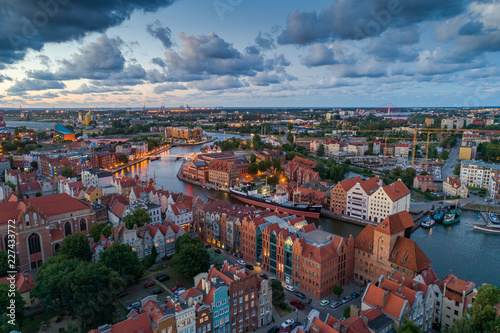 Gdansk aerial view, city panorama in the evening photo