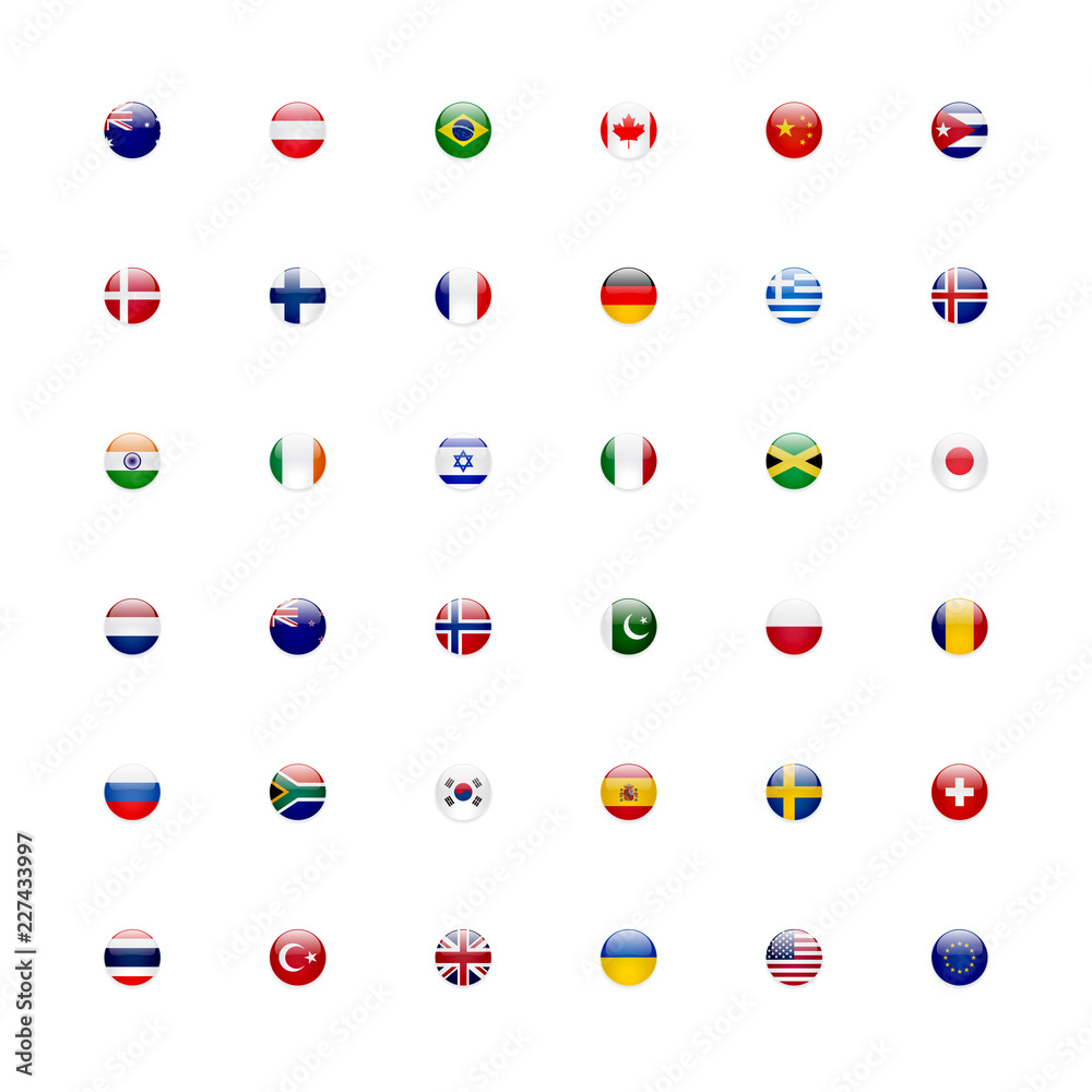 World flags vector icon set. Shiny glossy small round circle flag icons language button concept 