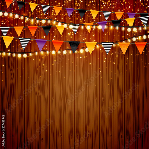 Shiny holiday vector wood background with colorful party flags bunting and lights for Halloween, Thanksgiving Day, Christmas or New Year Eve designs