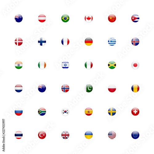 World flags vector icon set. Shiny glossy small round circle flag icons language button concept.