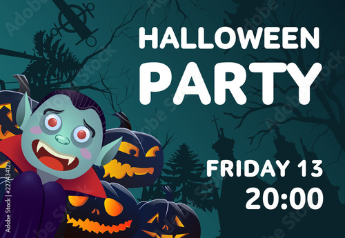 Halloween party, Friday thirteen poster design. Vampire and scary pumpkins with church in background. Template can be used for flyers, banners, invitations