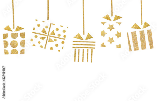 Gift boxes hanging paper cut on white background - isolated photo