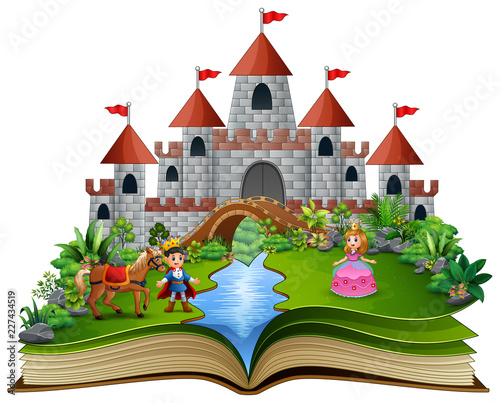 Story book with cartoon princesses and princes in front of a castle