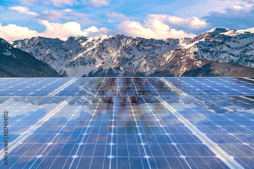 Solar panel over mountain background. solar power green energy for life concept 