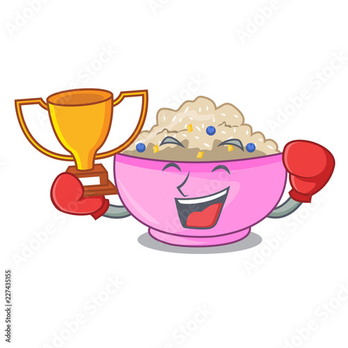 Boxing winner cooked whole porridge oats in cartoon pan