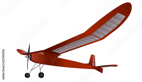 Model glider, flying airplane. Red subtle airplane with propeller. Balsa wood wings, model hobby. Master vector illustration