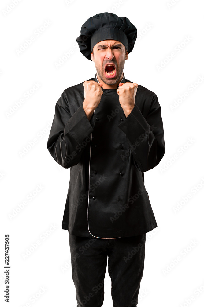 Chef man In black uniform annoyed angry in furious gesture. Frustrated by a bad situation on isolated white background Chef man In black uniform annoyed angry in furious gesture. Frustrated by a bad situation on isolated white background