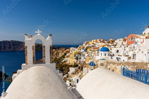 Santorini  Greece. Picturesque view of traditional cycladic Santorini s church on cliff