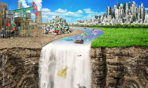 Concept of global pollution. The river carries rubbish from the industrial city in the nature background photo