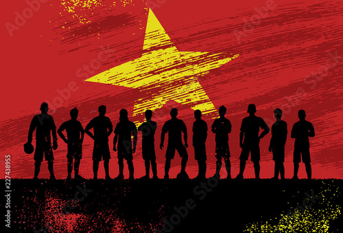 Silhouette of soccer team with flag of Vietnam as a background, Vector Illustration
