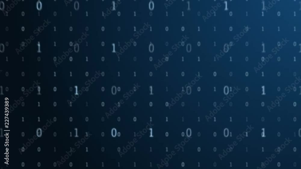 Motion graphics animation with zoom out: blue binary numbers 1 and 0 changing into different configurations and falling down in organized pattern in dark digital space