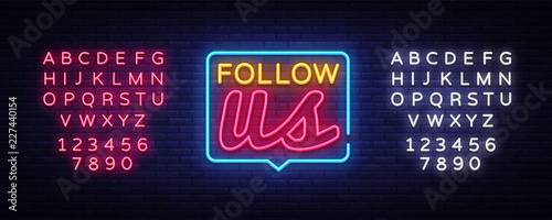 Follow Us Neon Text Vector. Follow Us neon sign, design template, modern trend design, night neon signboard, night bright advertising, light banner, light art. Vector. Editing text neon sign
