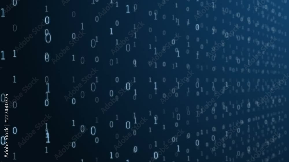 3D animation of blue binary code falling down in organized pattern in dark digital space