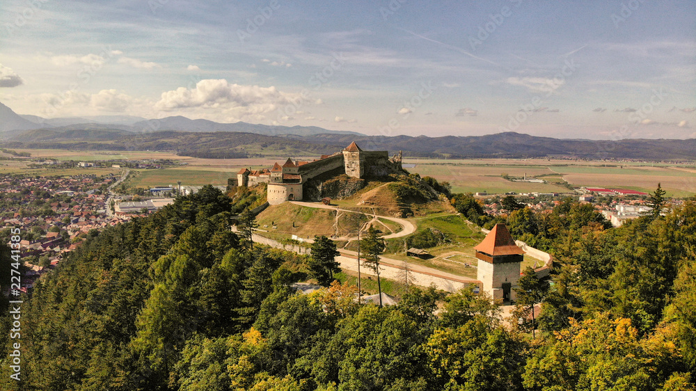 Aerial view of Rasnov Fortress. Brasov, Transylvania, Romania