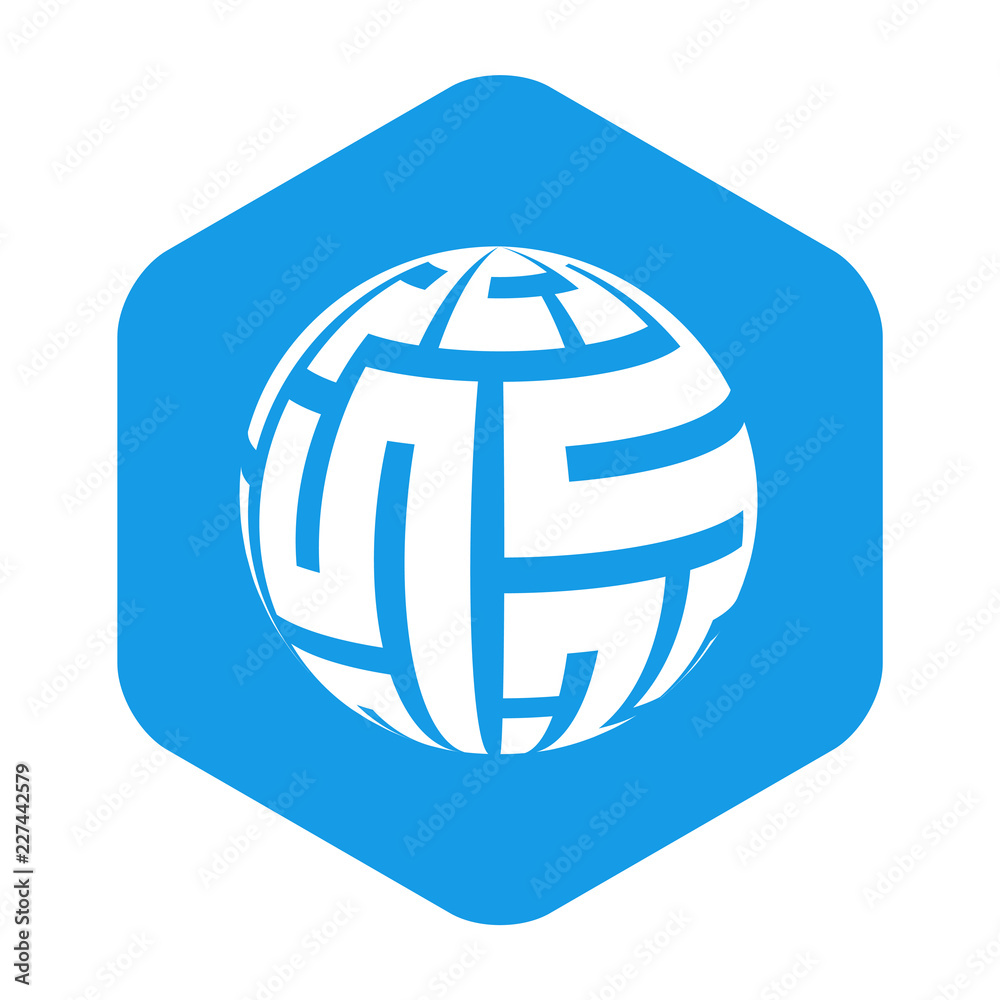 Icono plano laberinto en espacio negativo en esfera en hexagono azul Icono plano laberinto en espacio negativo en esfera en hexagono azul