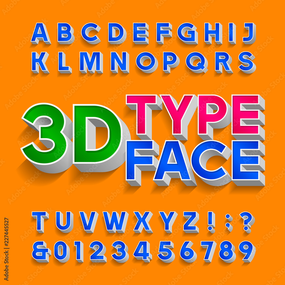 3D alphabet font. Three-dimensional typscript. Letters, numbers and symbols with shadow. Stock vector typography for your design.