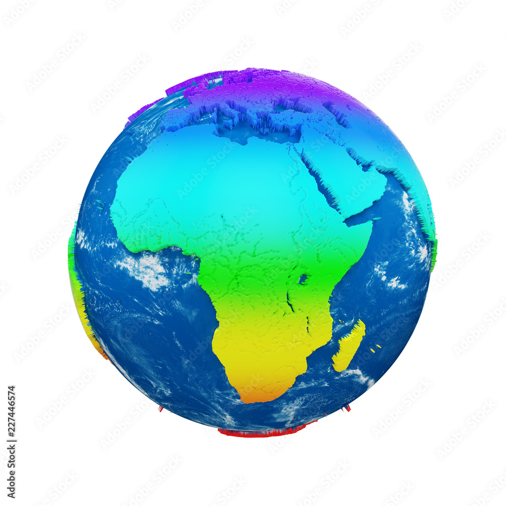 Planet earth globe isolated on white background. Rainbow continents and blue ocean. Earth day celebration.